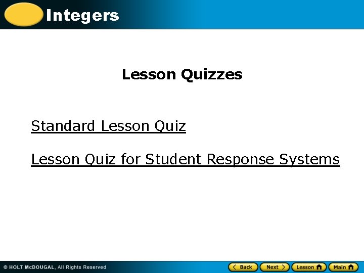 Integers Lesson Quizzes Standard Lesson Quiz for Student Response Systems 