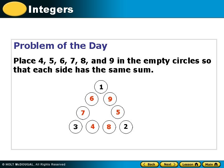 Integers Problem of the Day Place 4, 5, 6, 7, 8, and 9 in