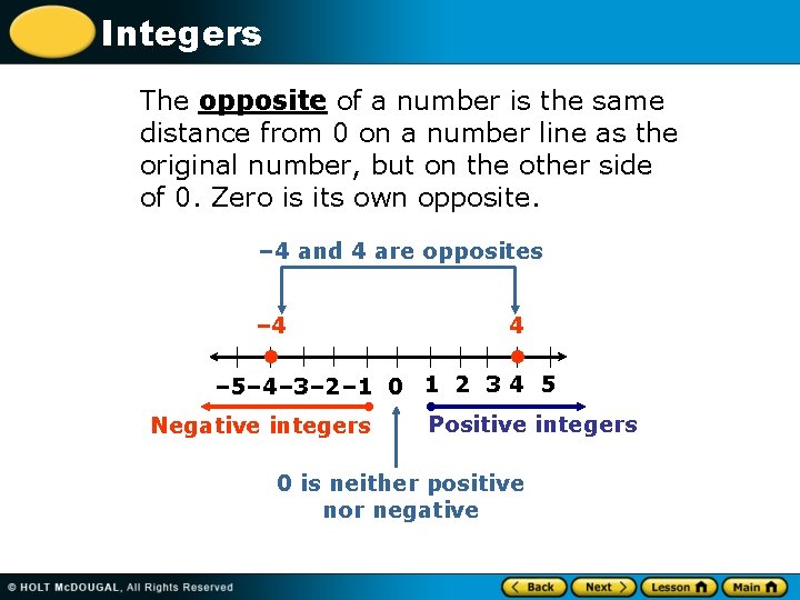 Integers The opposite of a number is the same distance from 0 on a