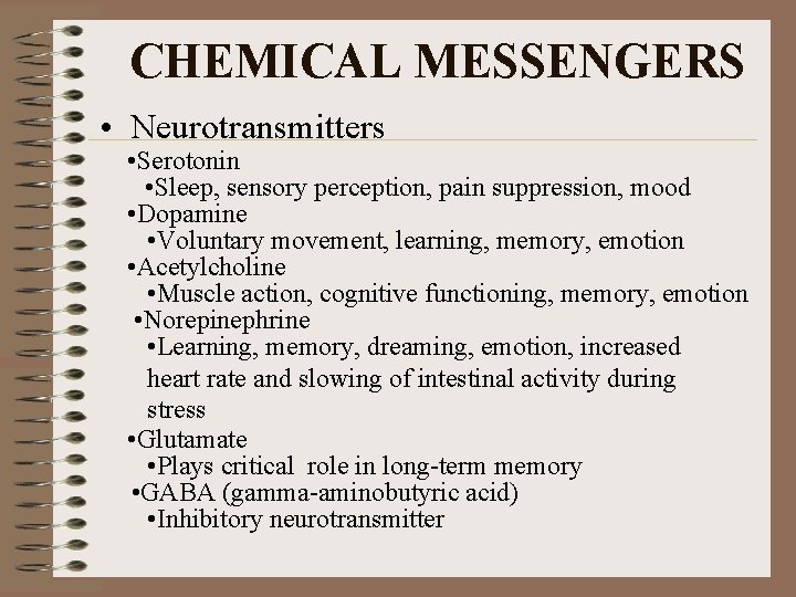 CHEMICAL MESSENGERS • Neurotransmitters • Serotonin • Sleep, sensory perception, pain suppression, mood •
