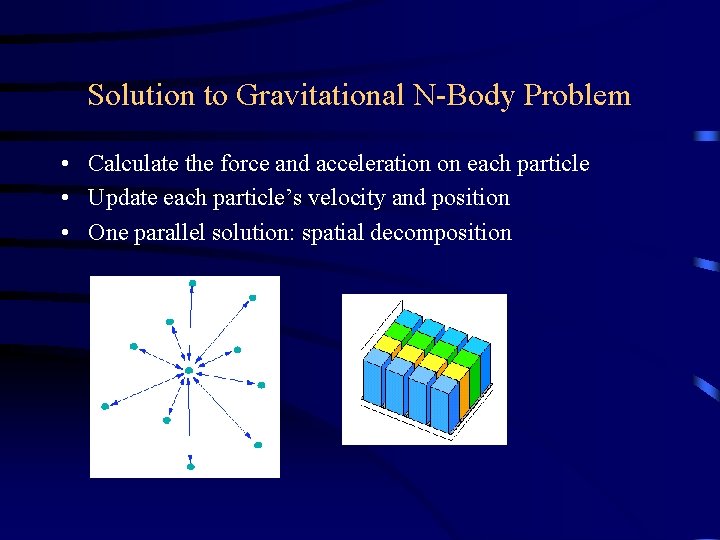 Solution to Gravitational N-Body Problem • Calculate the force and acceleration on each particle Solution to Gravitational N-Body Problem • Calculate the force and acceleration on each particle