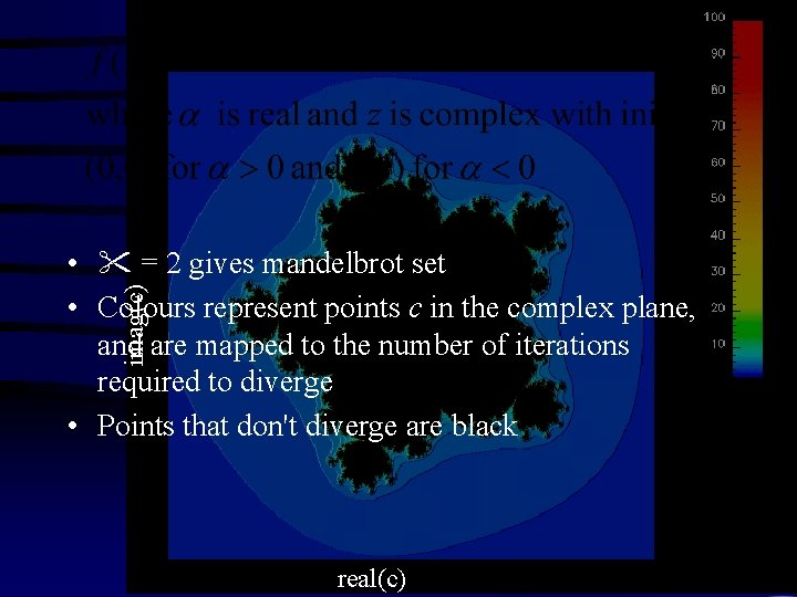 imag(c) • = 2 gives mandelbrot set • Colours represent points c in the imag(c) • = 2 gives mandelbrot set • Colours represent points c in the