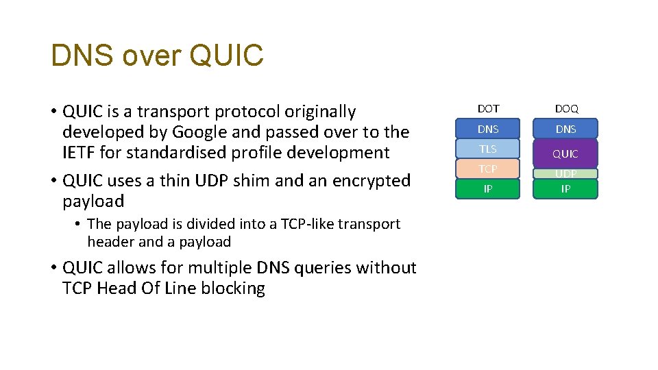 DNS over QUIC • QUIC is a transport protocol originally developed by Google and