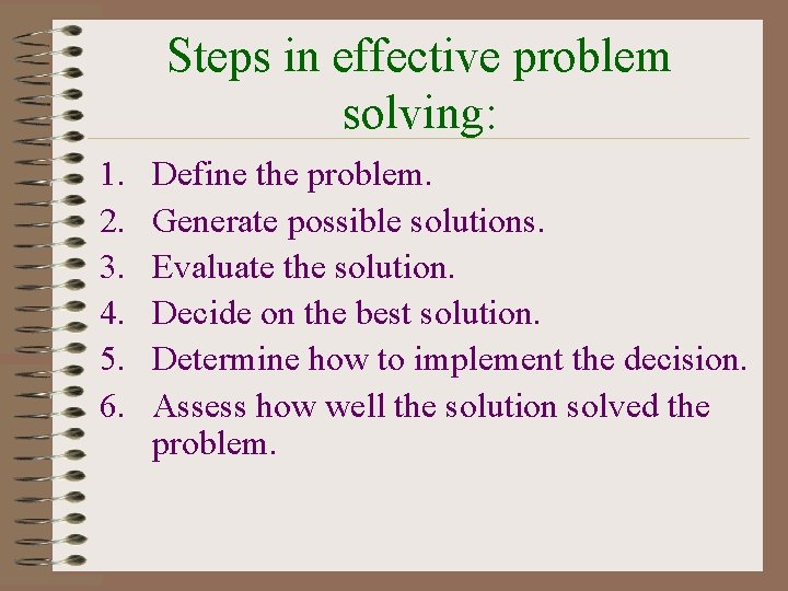 Steps in effective problem solving: 1. 2. 3. 4. 5. 6. Define the problem.