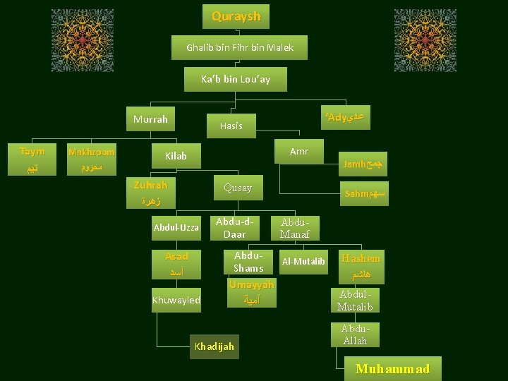 Quraysh Ghalib bin Fihr bin Malek Ka’b bin Lou’ay Murrah Taym ﺗﻴﻢ Makhzoom ﻣﺨﺰﻭﻡ