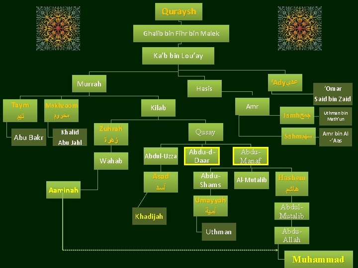 Quraysh Ghalib bin Fihr bin Malek Ka’b bin Lou’ay Murrah Taym ﺗﻴﻢ Abu Bakr