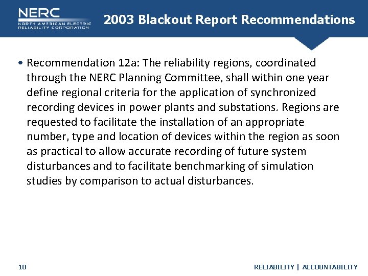 2003 Blackout Report Recommendations • Recommendation 12 a: The reliability regions, coordinated through the