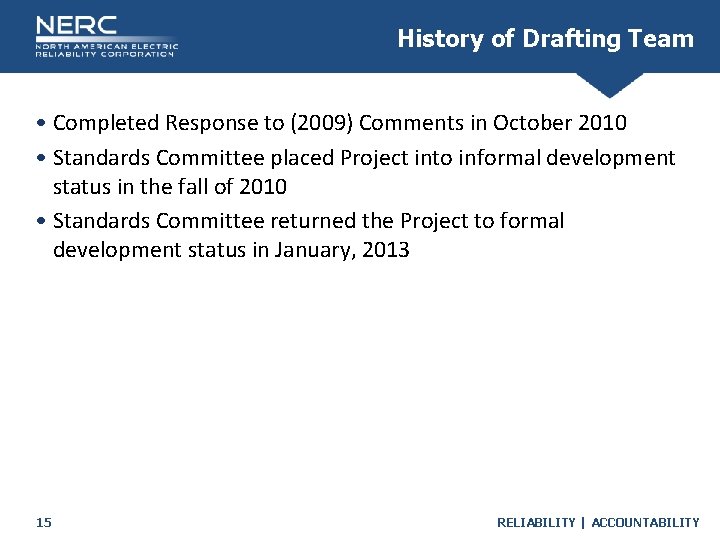 History of Drafting Team • Completed Response to (2009) Comments in October 2010 •