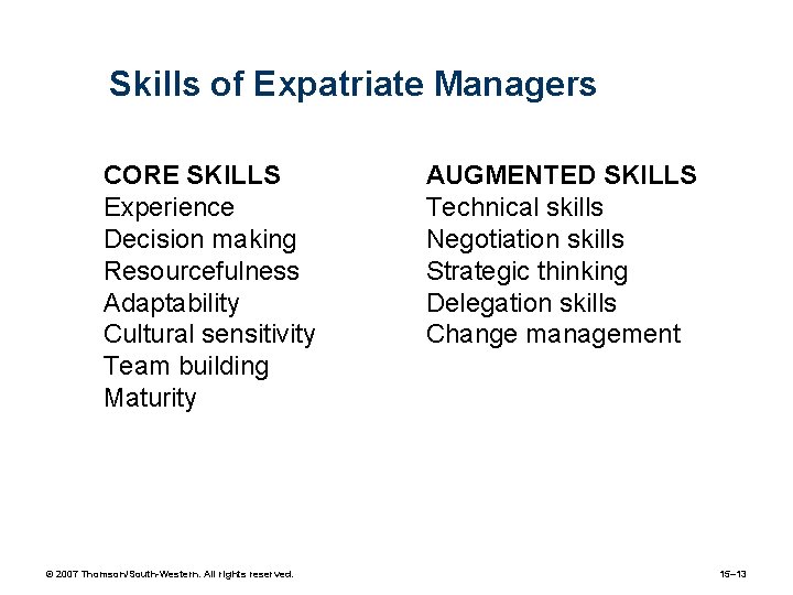 Highlights in HRM 2 Skills of Expatriate Managers CORE SKILLS Experience Decision making Resourcefulness