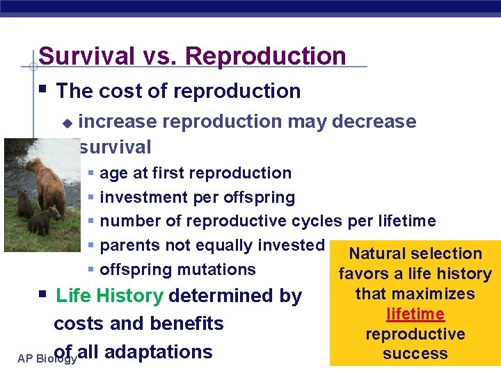 Survival vs. Reproduction § The cost of reproduction u increase reproduction may decrease survival