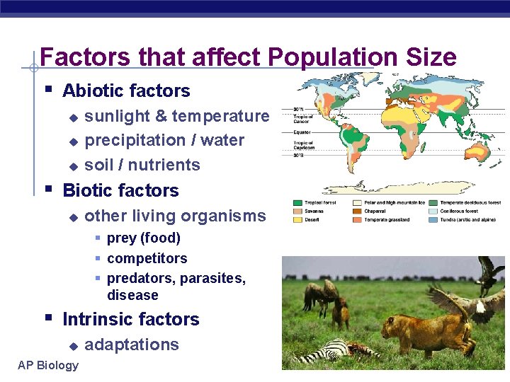 Factors that affect Population Size § Abiotic factors u u u sunlight & temperature