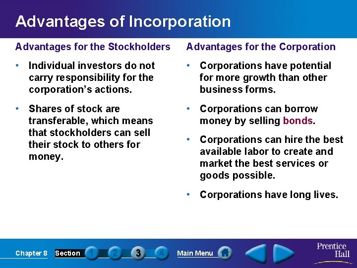 Advantages of Incorporation Advantages for the Stockholders Advantages for the Corporation • Individual investors