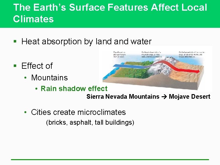 The Earth’s Surface Features Affect Local Climates § Heat absorption by land water §