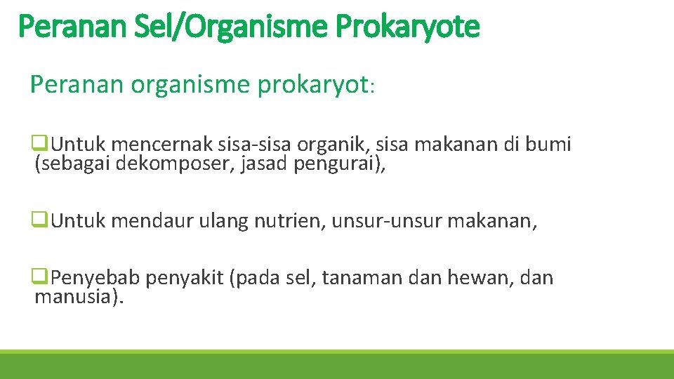 Peranan Sel/Organisme Prokaryote Peranan organisme prokaryot: q. Untuk mencernak sisa-sisa organik, sisa makanan di