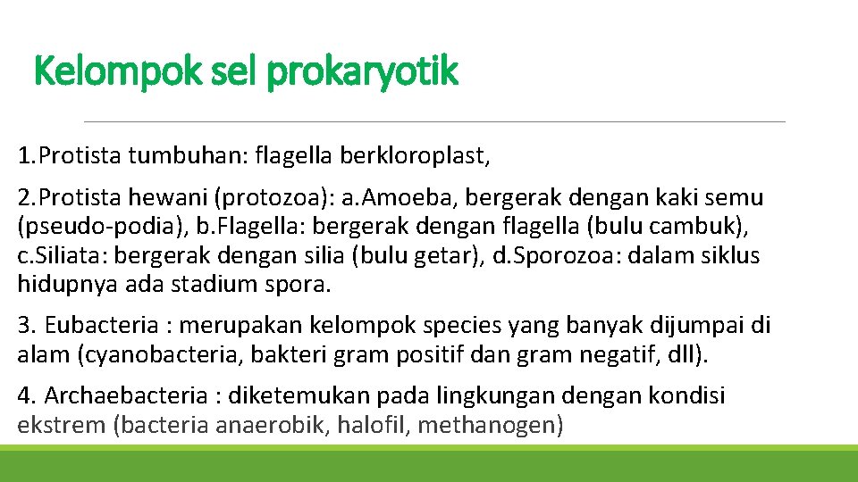 Kelompok sel prokaryotik 1. Protista tumbuhan: flagella berkloroplast, 2. Protista hewani (protozoa): a. Amoeba,
