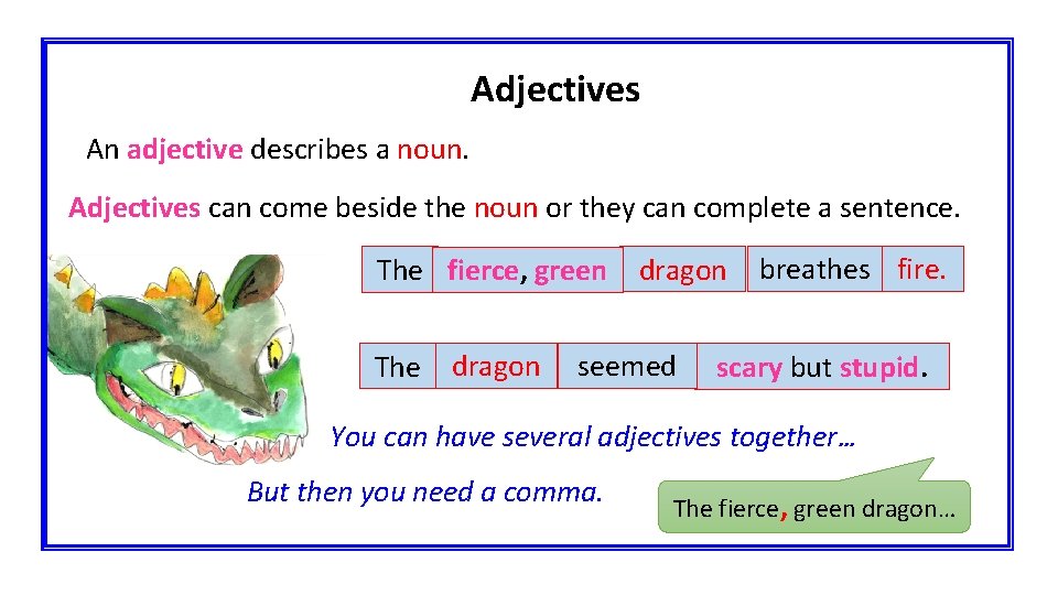 Adjectives An adjective describes a noun. Adjectives can come beside the noun or they