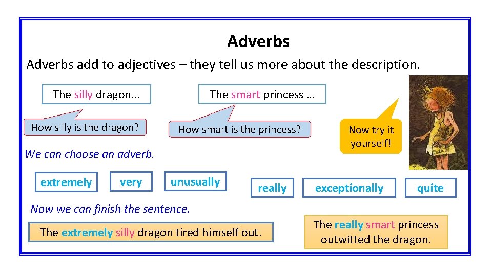 Adverbs add to adjectives – they tell us more about the description. The smart