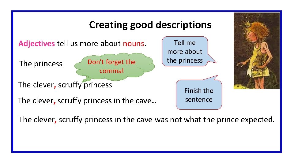 Creating good descriptions Adjectives tell us more about nouns. The princess Don’t forget the