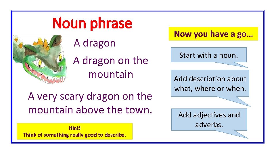 Noun phrase A dragon on the mountain A very scary dragon on the mountain