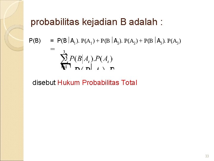probabilitas kejadian B adalah : P(B) = P(B A 1). P(A 1) + P(B