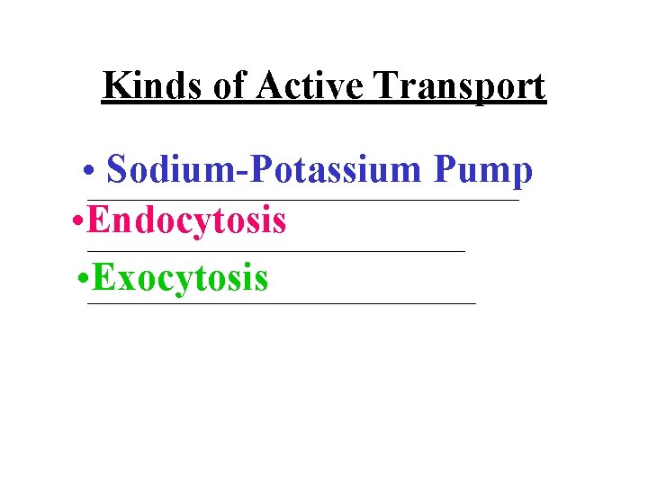 Kinds of Active Transport • ____________________ Sodium-Potassium Pump • Endocytosis __________________ • __________________ Exocytosis