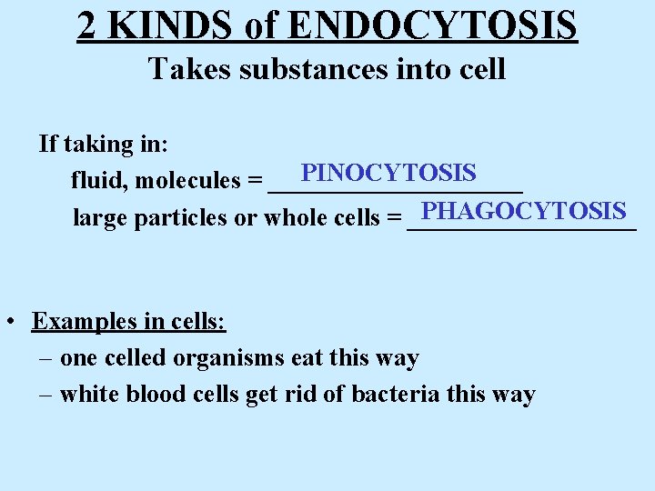 2 KINDS of ENDOCYTOSIS Takes substances into cell If taking in: PINOCYTOSIS fluid, molecules