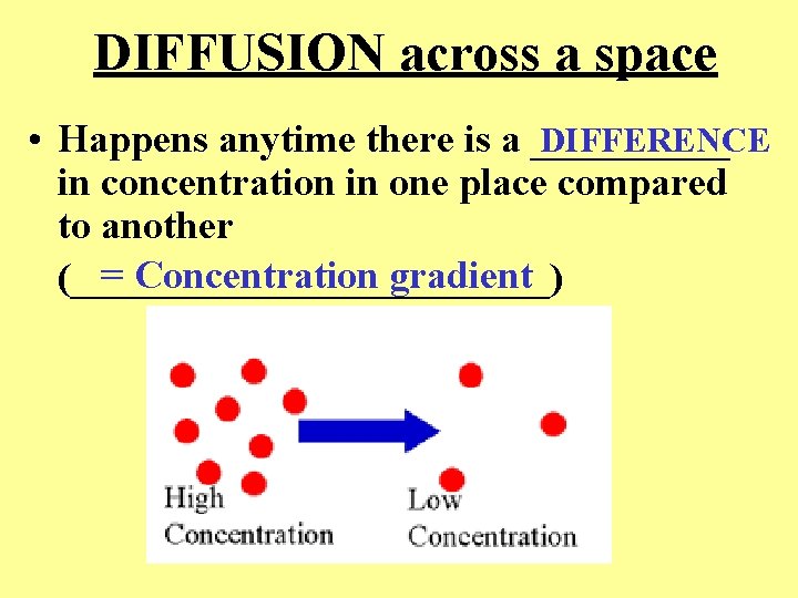 DIFFUSION across a space DIFFERENCE • Happens anytime there is a _____ in concentration