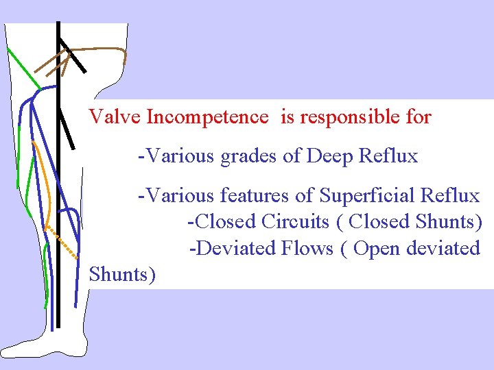Valve Incompetence is responsible for -Various grades of Deep Reflux -Various features of Superficial
