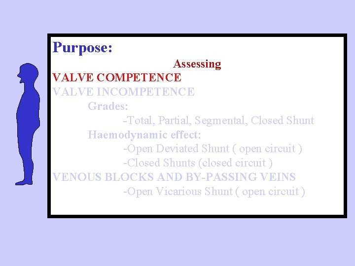 Purpose: Assessing VALVE COMPETENCE VALVE INCOMPETENCE Grades: -Total, Partial, Segmental, Closed Shunt Haemodynamic effect: