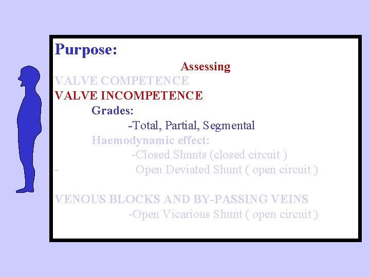 Purpose: Assessing VALVE COMPETENCE VALVE INCOMPETENCE Grades: -Total, Partial, Segmental Haemodynamic effect: -Closed Shunts
