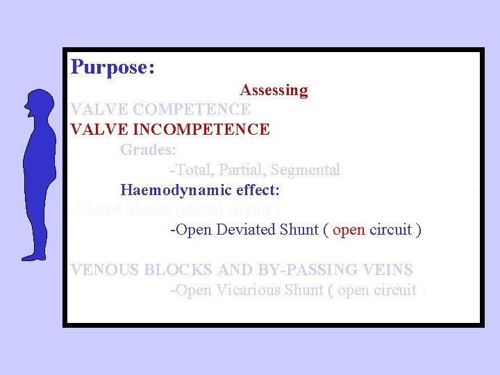 Purpose: Assessing VALVE COMPETENCE VALVE INCOMPETENCE Grades: -Total, Partial, Segmental Haemodynamic effect: -Closed Shunts