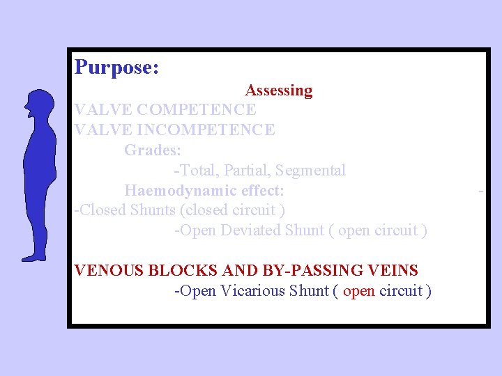 Purpose: Assessing VALVE COMPETENCE VALVE INCOMPETENCE Grades: -Total, Partial, Segmental Haemodynamic effect: -Closed Shunts