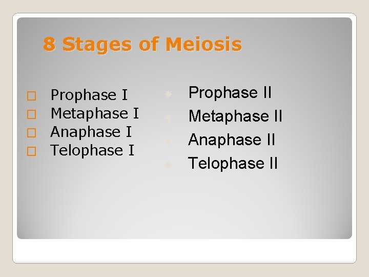 8 Stages of Meiosis Prophase I � Metaphase I � Anaphase I � Telophase