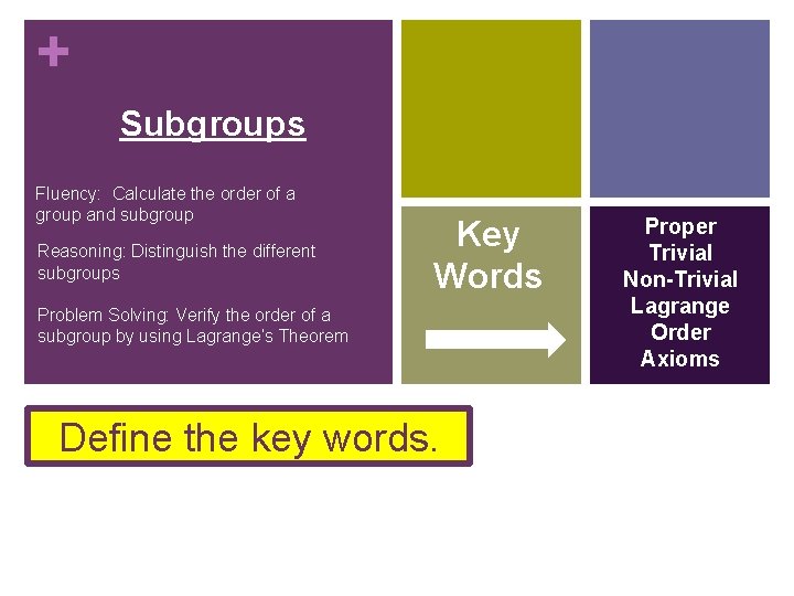 + Subgroups Fluency: Calculate the order of a group and subgroup Reasoning: Distinguish the