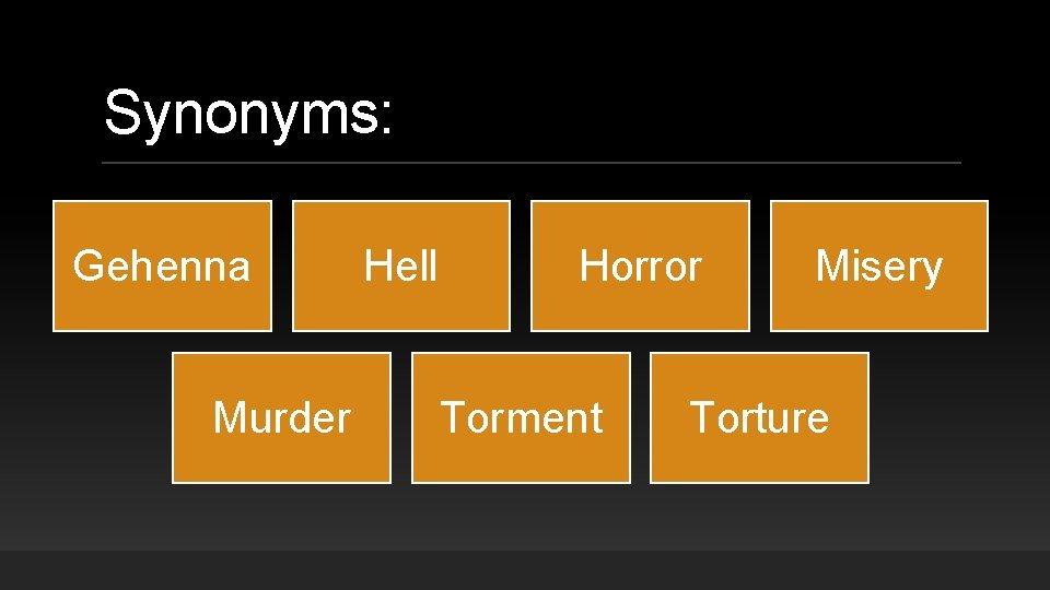 Synonyms: Gehenna Murder Hell Horror Torment Misery Torture 