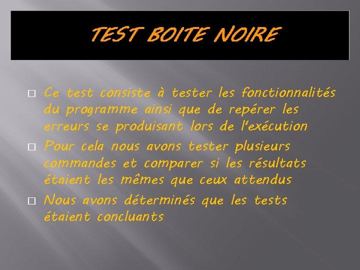 � � � Ce test consiste à tester les fonctionnalités du programme ainsi que