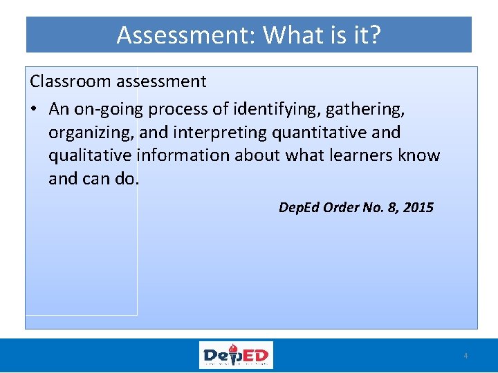 Assessment: What is it? Classroom assessment • An on-going process of identifying, gathering, organizing,