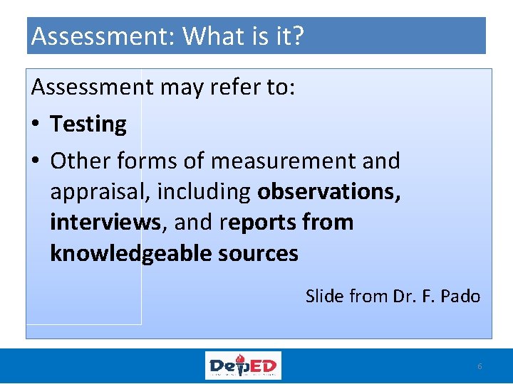 Assessment: What is it? Assessment may refer to: • Testing • Other forms of