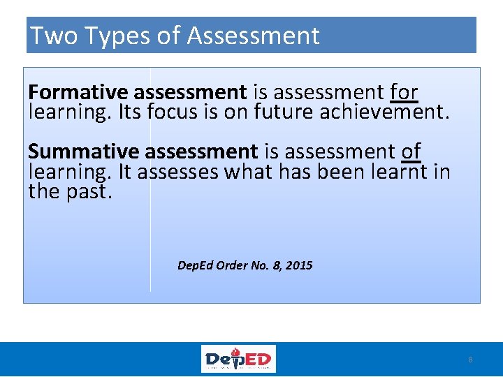 Two Types of Assessment Formative assessment is assessment for learning. Its focus is on