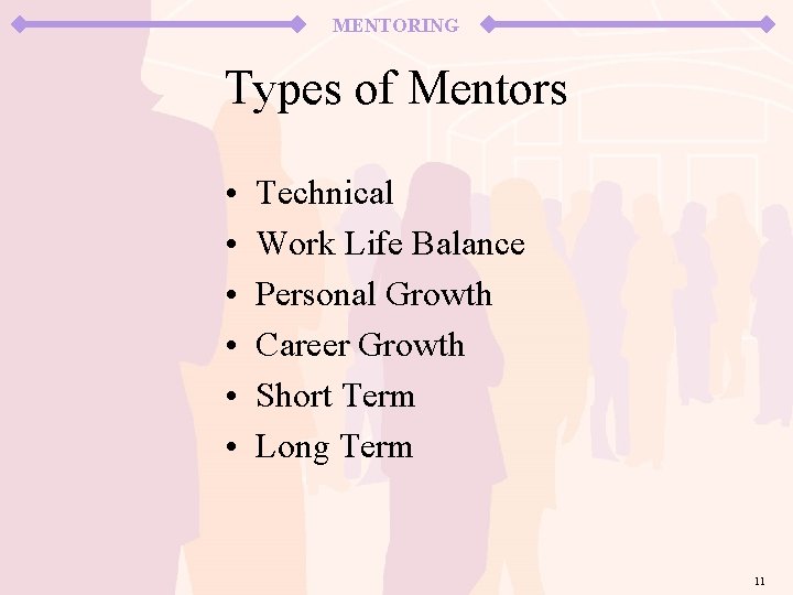 MENTORING Types of Mentors • • • Technical Work Life Balance Personal Growth Career