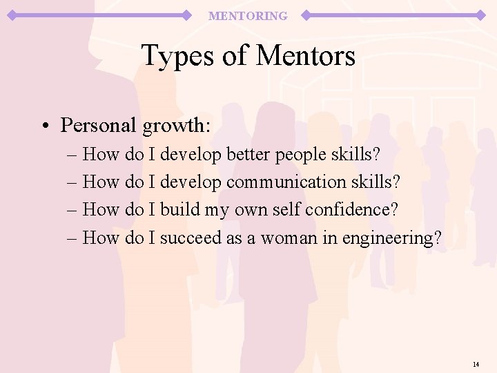 MENTORING Types of Mentors • Personal growth: – How do I develop better people