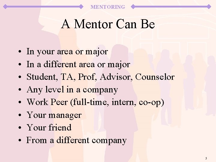 MENTORING A Mentor Can Be • • In your area or major In a