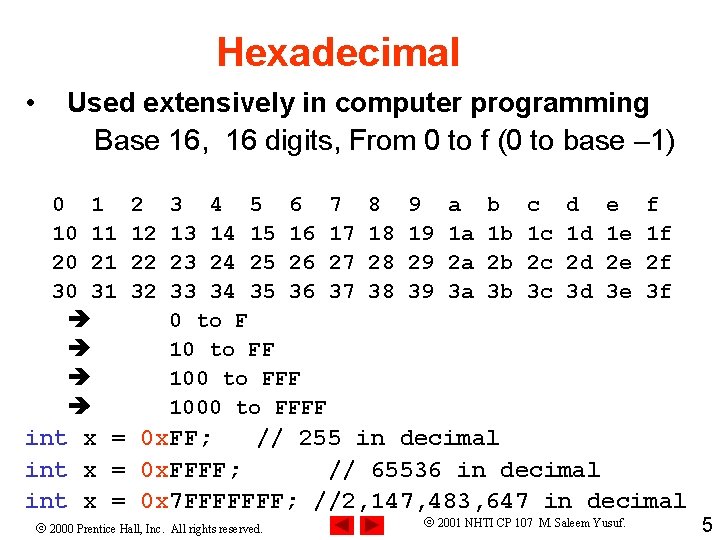 Hexadecimal • Used extensively in computer programming Base 16, 16 digits, From 0 to