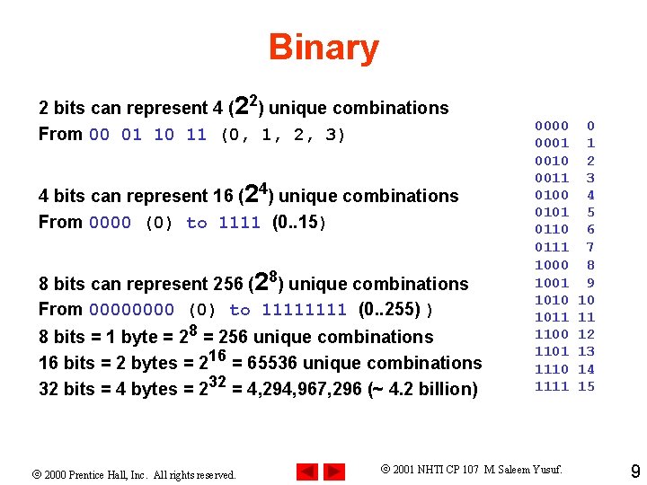 Binary 2 bits can represent 4 (22) unique combinations From 00 01 10 11