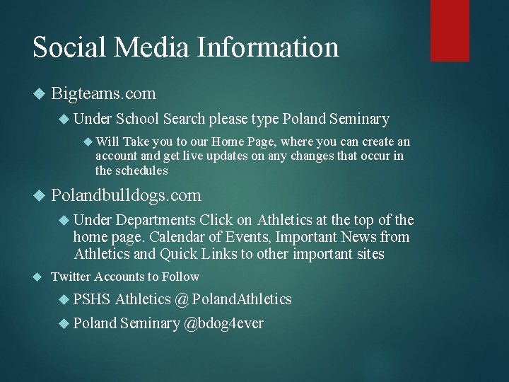 Social Media Information Bigteams. com Under School Search please type Poland Seminary Will Take
