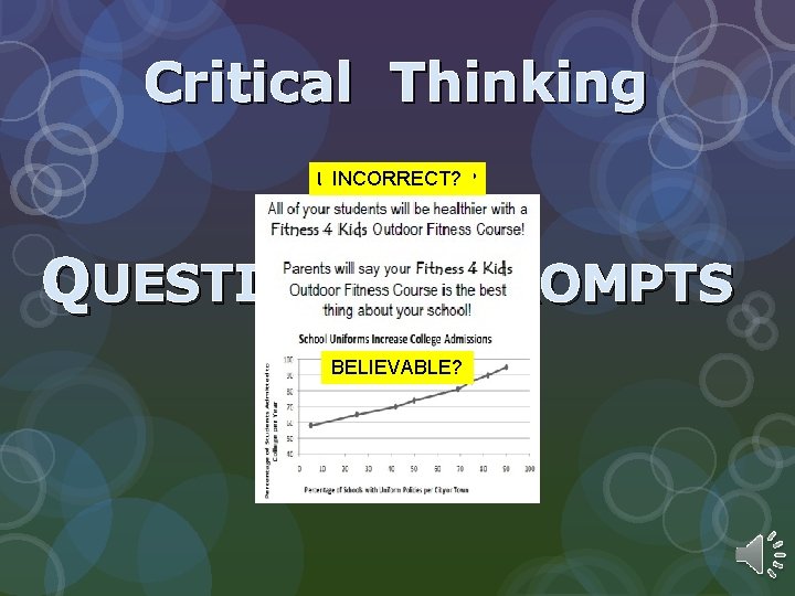 Critical Thinking INCORRECT? UNBELIEVABLE? MISLEADING? CORRECT? QUESTIONS = PROMPTS BELIEVABLE? 