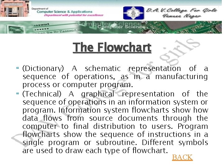 The Flowchart (Dictionary) A schematic representation of a sequence of operations, as in a The Flowchart (Dictionary) A schematic representation of a sequence of operations, as in a