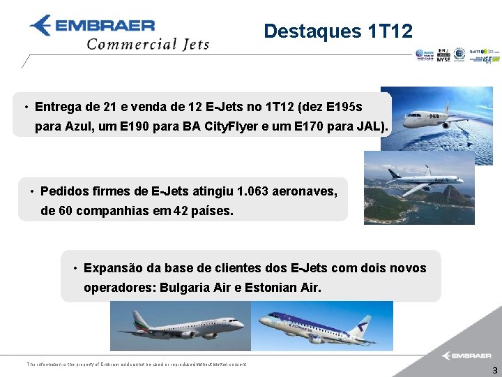 Destaques 1 T 12 • Entrega de 21 e venda de 12 E-Jets no