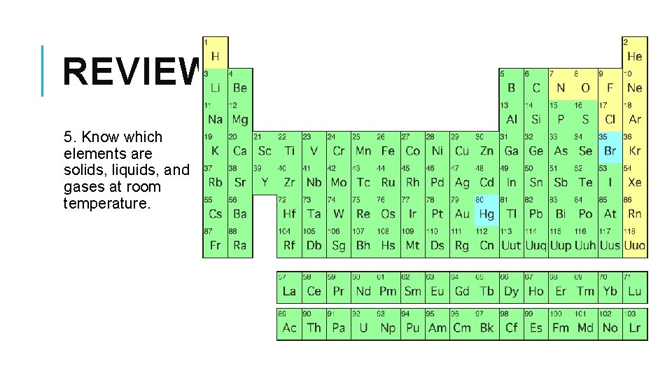 REVIEW 5. Know which elements are solids, liquids, and gases at room temperature. 