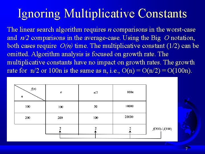 Ignoring Multiplicative Constants The linear search algorithm requires n comparisons in the worst-case and